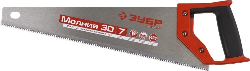 Ножовка по дереву ЗУБР МОЛНИЯ-3D 7TPI универсальная 400мм, 3d зуб, точный рез 15077-40_z01