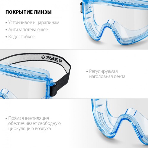 Очки защитные ЗУБР ПАНОРАМА П прямая вентиляция, увеличенный угол обзора 110231 - изображение 3