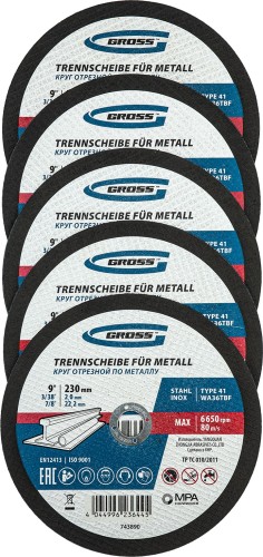 Отрезной круг по металлу GROSS 743890 230х2,0х22,2 мм, 5 шт.