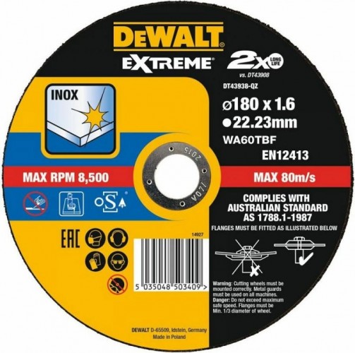 Отрезной круг по нержавеющей стали DeWALT 180х1.6x22.2 мм Extreme DT43938-QZ DT43938-QZ