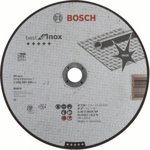 Отрезной круг по нержавеющей стали BOSCH 230х2,5х22 мм A 30 V INOX BF Best for Inox 2608603508