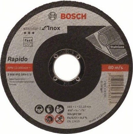 Отрезной круг по нержавеющей стали BOSCH 115х1,0х22 мм AS60TINOX-BF Standard for Inox - Rapido 2608603169