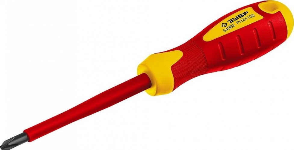 Отвертка крестовая диэлектрическая ЗУБР ПРОФИ ЭЛЕКТРИК PH 2x100 мм до 1000в, "профессионал" 25262-2-100, cr-v, трехко 25262-2-100_z01