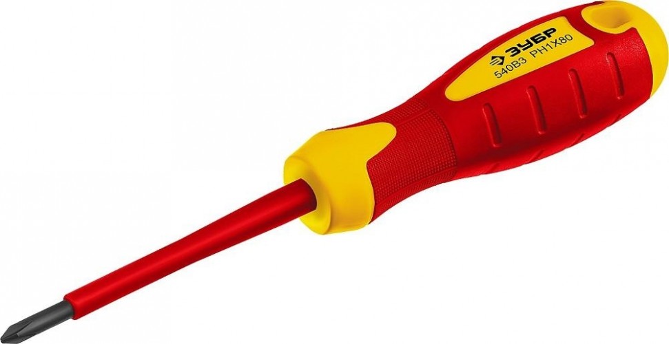 Отвертка крестовая диэлектрическая ЗУБР ПРОФИ ЭЛЕКТРИК PH 1x80 мм до 1000в, "профессионал" 25262-1-080, cr-v, трехко 25262-1-080_z01