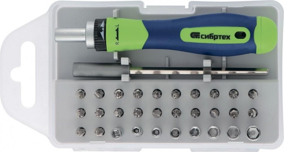 Отвертка реверсивная для точных работ СИБРТЕХ с набором бит и торцевых головок, 32 предмета 13370