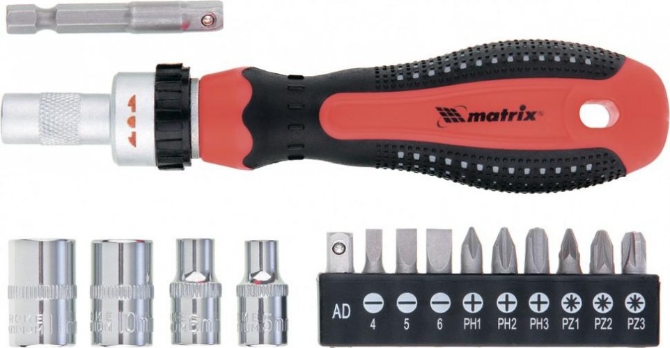 Отвертка реверсивная MATRIX с набором бит и насадок торцевых, CrV, 1/4, 16 предметов 11332