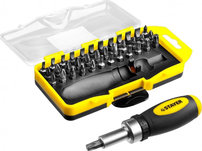 Отвертка реверсивная в наборе с битами STAYER Compact Cr-V сталь, 38 предметов 2557-H38 - изображение 3
