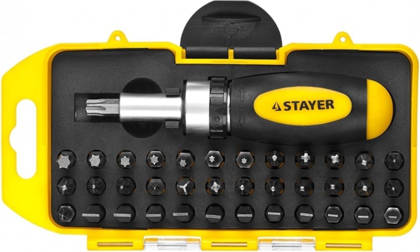 Отвертка реверсивная в наборе с битами STAYER Compact Cr-V сталь, 38 предметов 2557-H38 - изображение 2