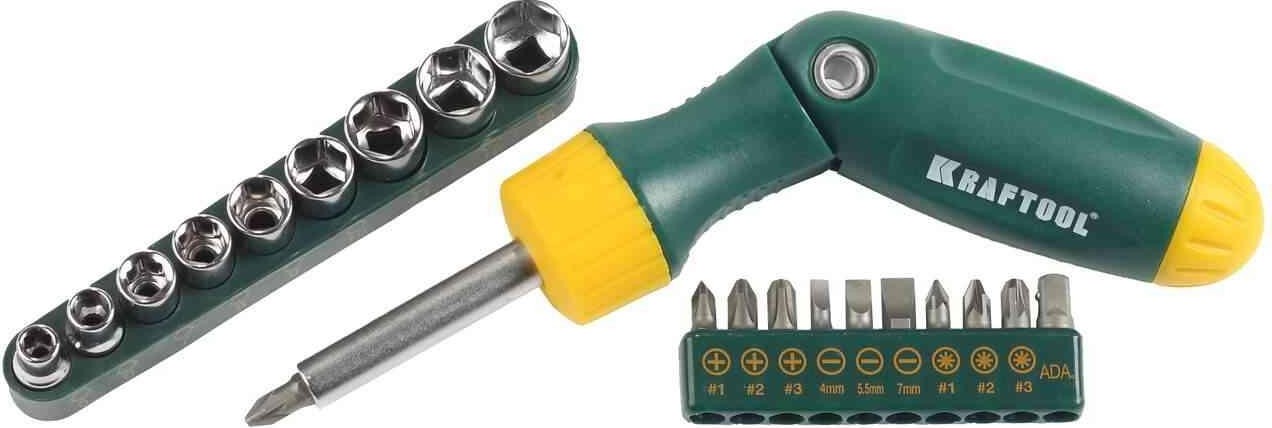 Отвертка реверсная рычажная KRAFTOOL "BIT LOCK" со вставками 21 предмет 26151-H21 26151-H21