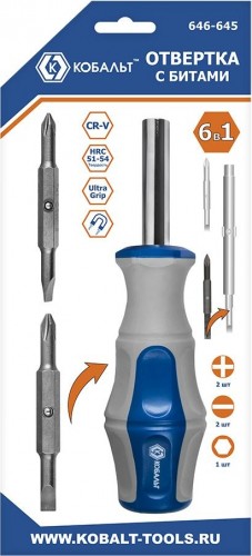 Отвертка с битами Кобальт 646-645 рукоятка ultra grip с набором двусторонних cr-v (3