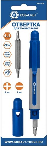 Отвертка с битами Кобальт 646-706 рукоятка 4 в 1 с набором двусторонних для точных р