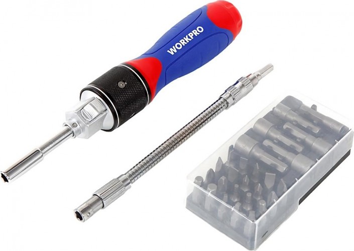 Отвертка с битами WORKPRO WP221053 2x drive с трещоткой (28 предметов)