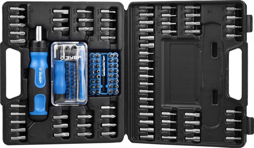 Отвертка с битами ЗУБР ПРОФЕССИОНАЛ набор: реверсивная с насадками 129 шт 25237-H129