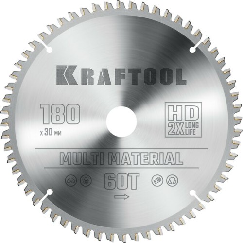Пильный диск по алюминию KRAFTOOL Multi Material 180х30мм 60T 36953-180-30