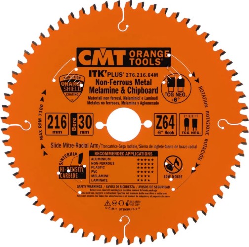 Пильный диск по алюминию СМТ 216x2.2/1.6x30Z64T CGNEG-6° 276.216.64M