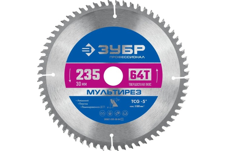 Пильный диск по алюминию ЗУБР Мультирез 235x30мм 64т 36907-235-30-64_z01