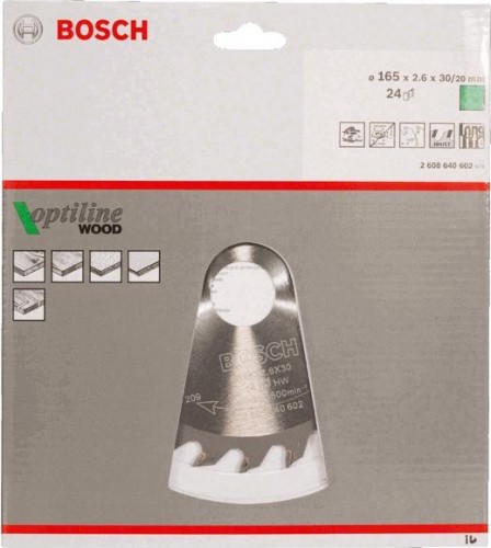 Пильный диск по дереву BOSCH Standard 165Х30 24 OPTILINE WOOD 2608640602 - изображение 2