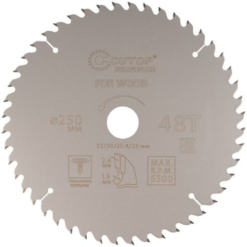 Пильный диск по дереву Cutop Profi plus 48Т, 250х1,8/2,6х32/30/25,4/20 мм с тефлоновым пок 75-25048Т