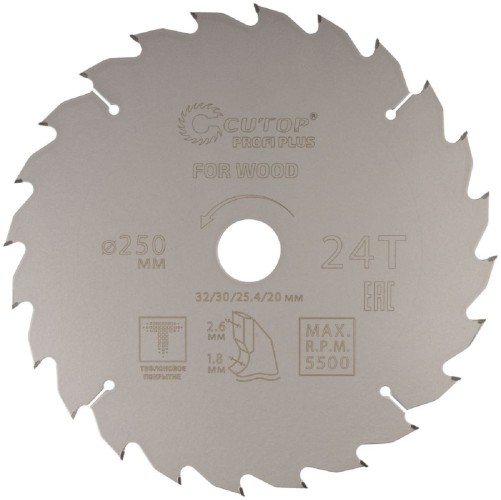 Пильный диск по дереву Cutop Profi plus 24Т, 250х1,8/2,6х32/30/25,4/20 мм с тефлоновым пок 75-25024Т