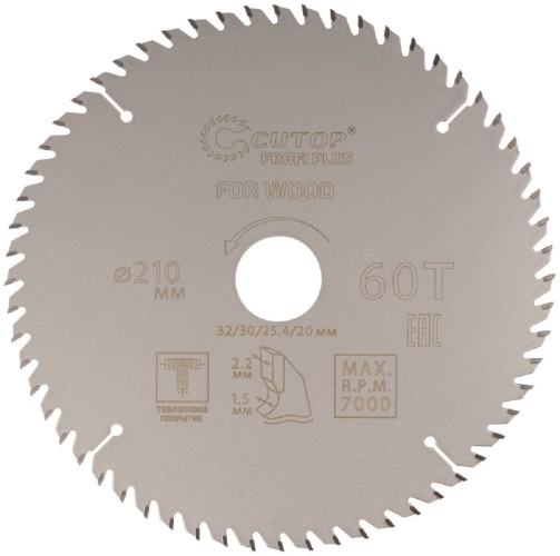 Пильный диск по дереву Cutop Profi plus 60Т, 210х1,5/2,2х32/30/25,4/20 мм с тефлоновым пок 75-21060Т