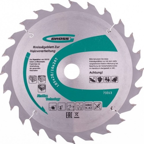 Пильный диск по дереву GROSS 73313 ф185х20 мм, 24 зуба + кольцо 20/16мм