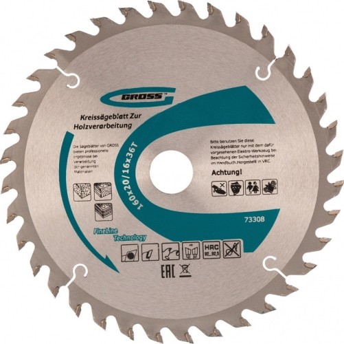 Пильный диск по дереву GROSS 73308 ф160х20мм, 36 зубьев + кольцо 20/16мм