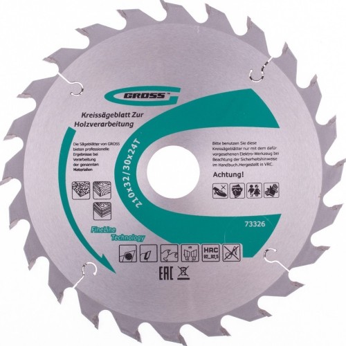 Пильный диск по дереву GROSS 73326 ф210х32 мм, 24 зуба + кольцо 32/30мм