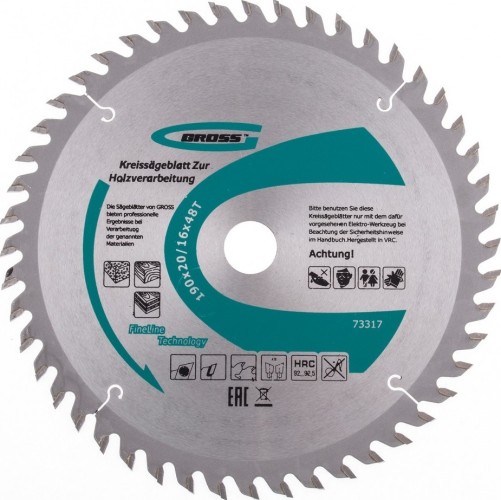 Пильный диск по дереву GROSS 73317 ф190х20мм, 48 зубьев + кольцо 20/16мм