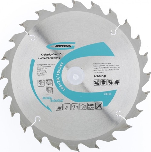 Пильный диск по дереву GROSS 73311 ф165х20 мм, 24 зуба + кольцо 20/16мм