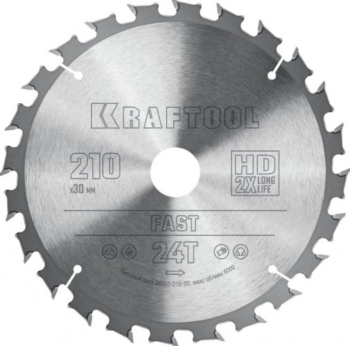 Пильный диск по дереву KRAFTOOL 36950-210-30 Fast 210х30мм 24T