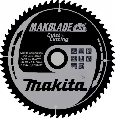Пильный диск по дереву MAKITA 260x30x1.8x60T для makblade plus B-43751