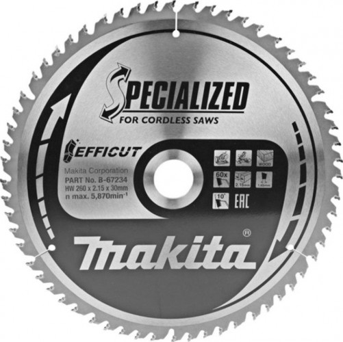 Пильный диск по дереву MAKITA 260x30x1,65x60T для efficut B-67234