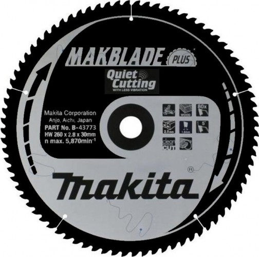Пильный диск по дереву MAKITA 260x30x1.8x80T для makblade plus B-43773