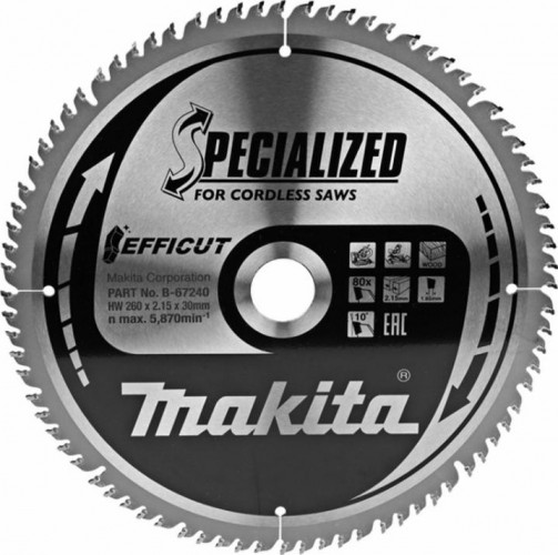 Пильный диск по дереву MAKITA 260x30x1,65x80T для efficut B-67240