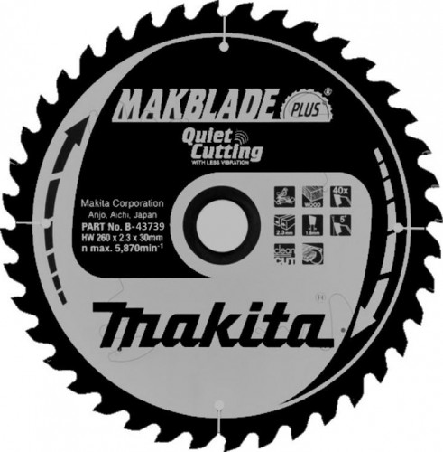 Пильный диск по дереву MAKITA 260x30x1.8x40T для makblade plus B-43739
