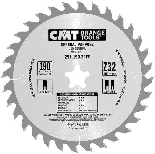 Пильный диск по дереву СМТ 190X20(Festool®FF)X2,6/1,610°10°ATBZ=32 291.190.32FF
