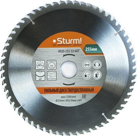 Пильный диск по дереву Sturm 9020-255-32-60T 255x32x60 зубьев, переходное кольцо 30 мм