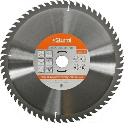 Пильный диск по дереву Sturm 9020-305-30-60T 305x30x60 зубьев, твердосплавные напайки