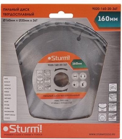 Пильный диск по дереву Sturm 9020-160-20-36T 160х20x36 зубьев, переходное кольцо 16 мм