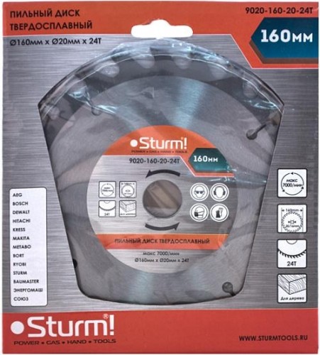 Пильный диск по дереву Sturm 9020-160-20-24T 160х20x24 зубьев, переходное кольцо 16 мм