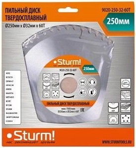 Пильный диск по дереву Sturm 9020-250-32-60T 250x32x60 зубов, переходное кольцо 30 мм