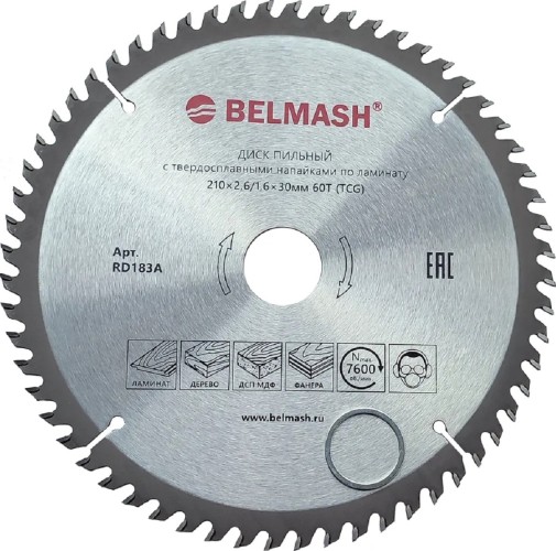 Пильный диск по ламинату BELMASH RD183A 210x2,6/1,6x30 60T
