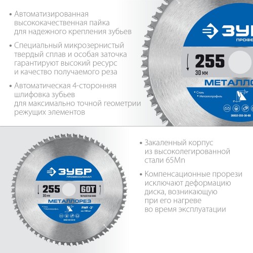 Пильный диск по металлу и металлопрофилю ЗУБР Металлорез 255х30мм 60т 36932-255-30-60 - изображение 3