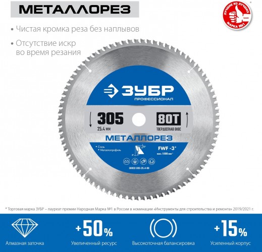 Пильный диск по металлу и металлопрофилю ЗУБР Металлорез 305х25.4мм 80т 36932-305-25.4-80 - изображение 2