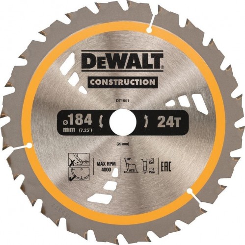 Пильный диск универсальный DeWALT 184х24тх20 мм Construction DT1951-QZ DT1951-QZ