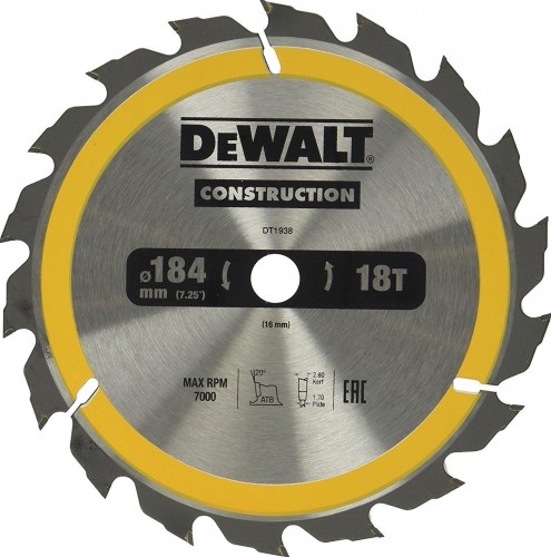Пильный диск универсальный DeWALT 184х18тх16 мм Construction DT1938-QZ DT1938-QZ
