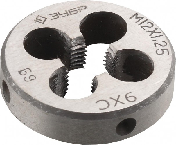 Плашка ЗУБР круглая ручная м12x1.25мм, сталь 9хс 4-28022-12-1.25