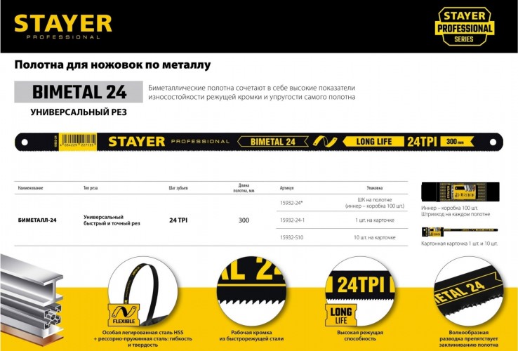 Полотно для пил по металлу STAYER STAYER-FLEX "profi" биметаллическое, 24tpi, 300 мм, 10 шт 15932-S10 - изображение 3