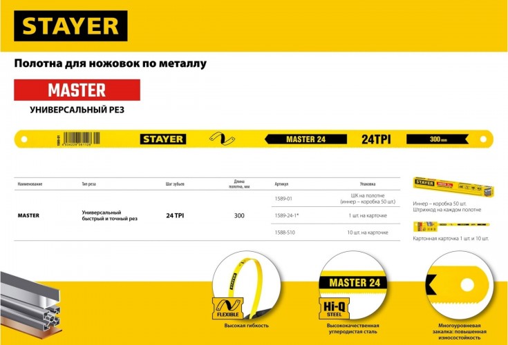 Полотно для пил по металлу STAYER MASTER-24 24 tpi: универсальный рез, 300 мм, 1 шт, коробка 5 1589-01_z01 - изображение 3