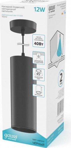 Потолочный светодиодный светильник GAUSS HD034 overhead подвесной цилиндр 12w 920lm 4100k черный - изображение 2